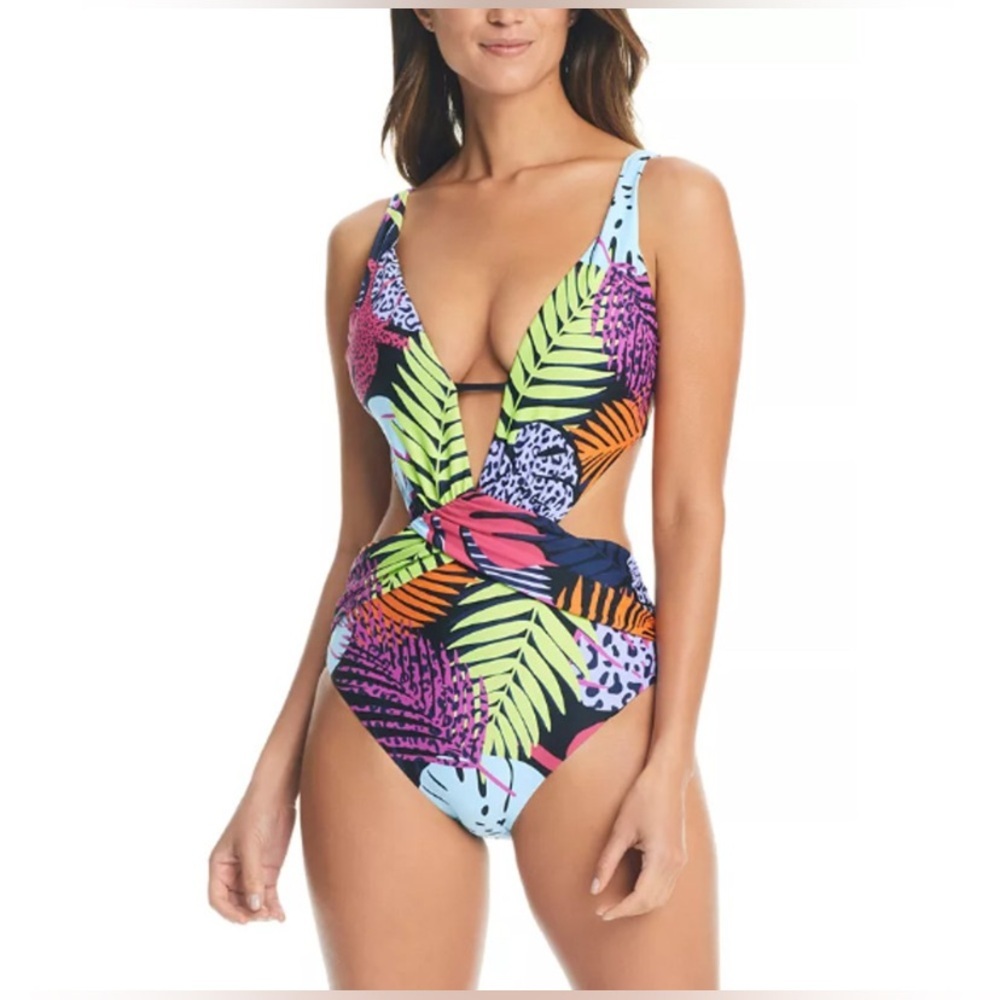 NWT Bar III Women's Swimsuit Size Medium‎ Bright Palm Prowl Cross Front Monokini